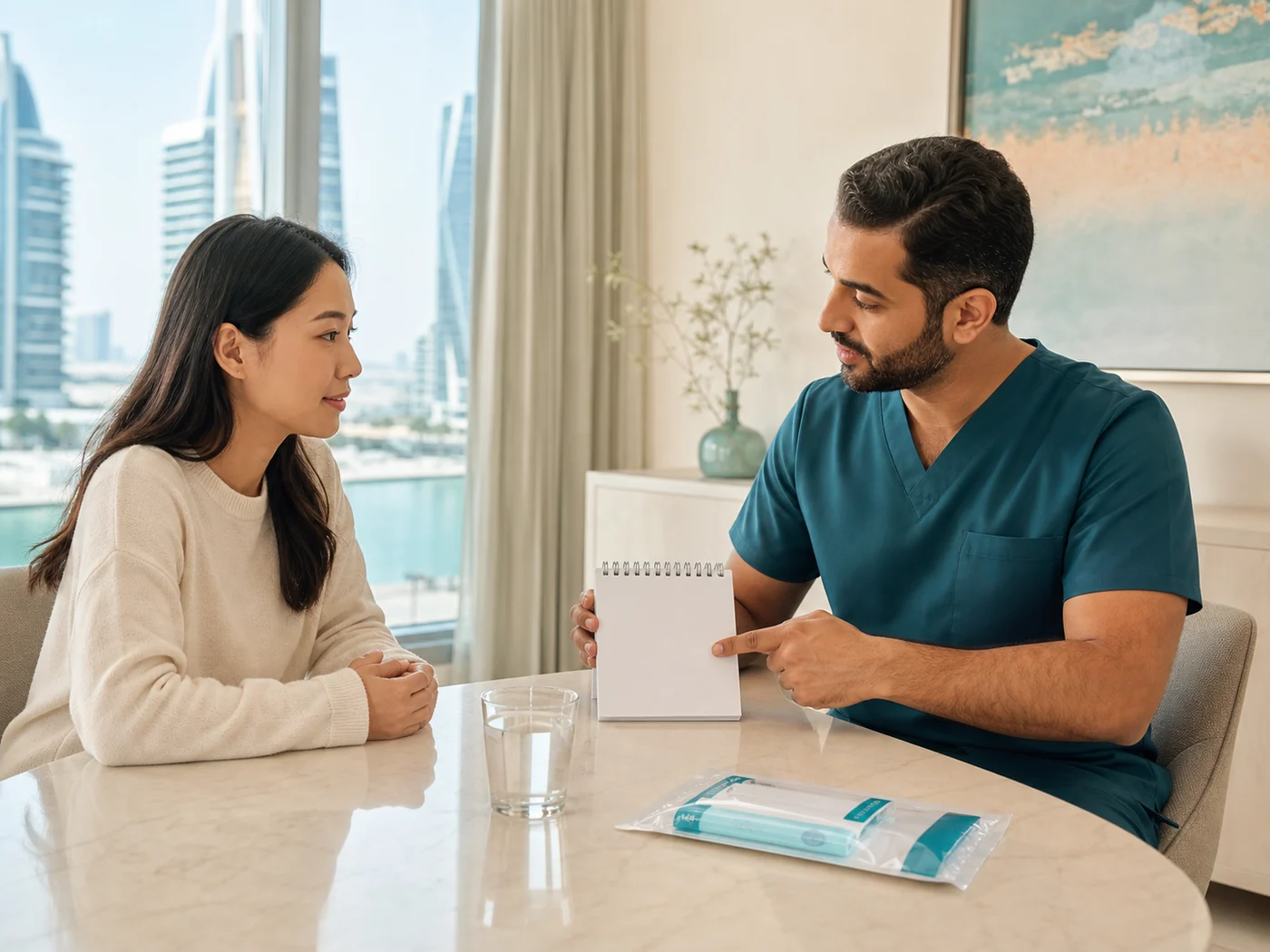 Nurse explaining blood-test preparation before sample collection