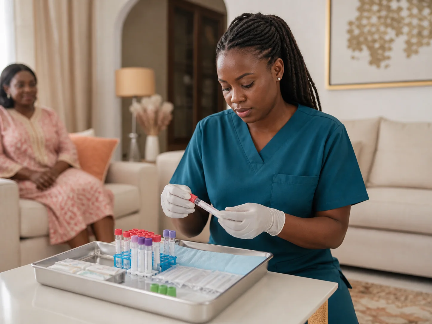 Healthcare professional checking labelled blood sample tubes after a home collection visit in Sharjah