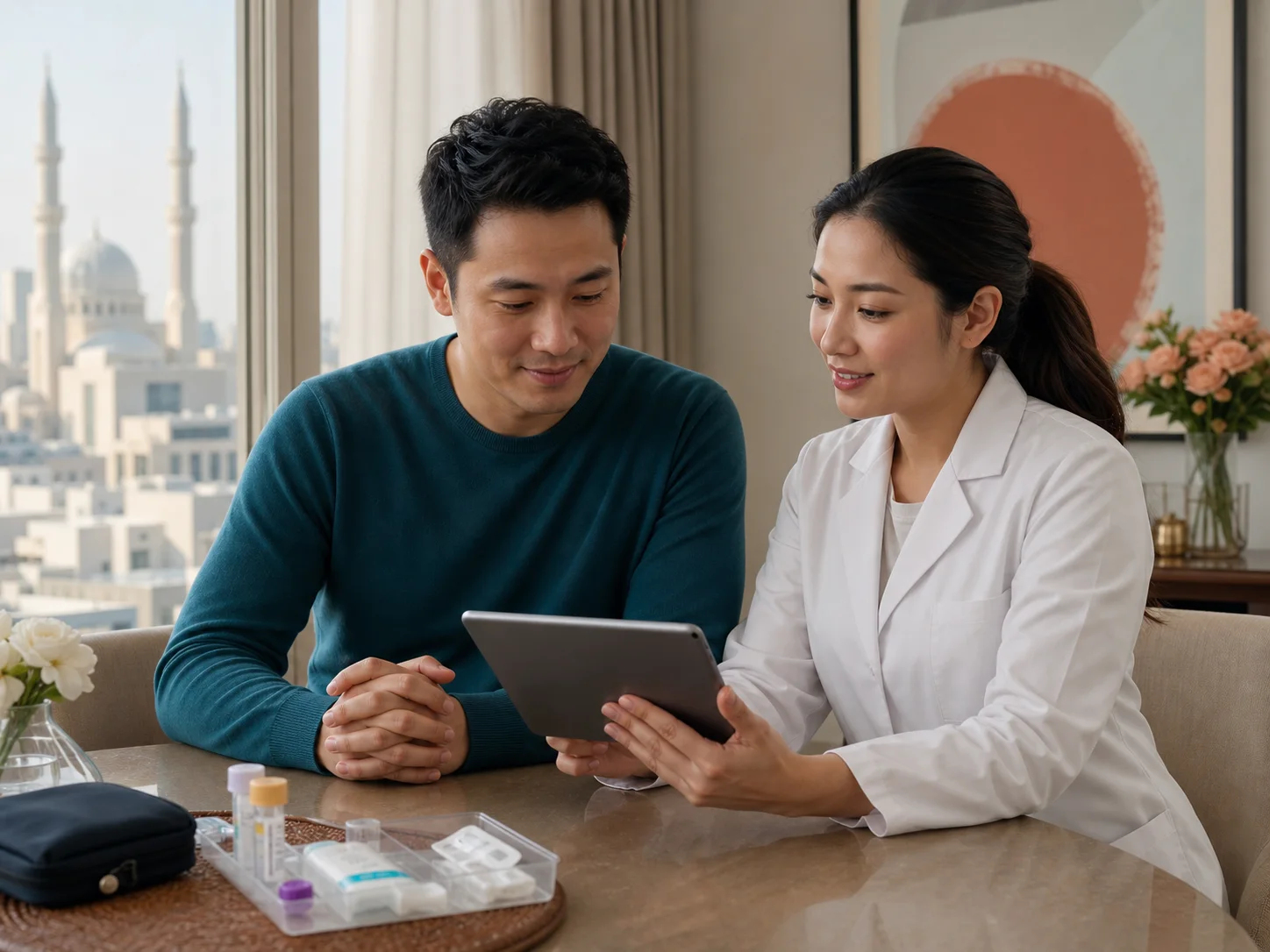 Clinician and adult patient privately reviewing laboratory results on a tablet in Sharjah