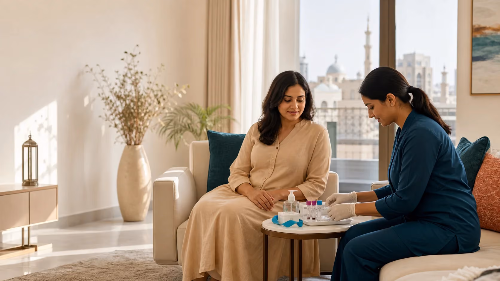 Healthcare professional preparing a home blood-test collection with an adult patient in Sharjah