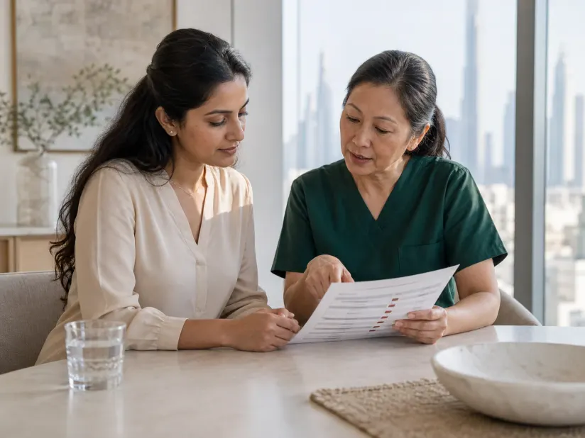 Patient reviewing a printed laboratory report with a clinician